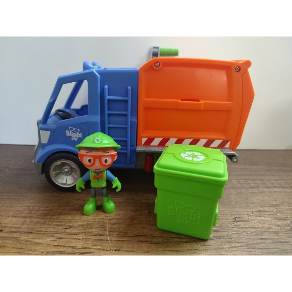 Blippi Plastic Garbage Truck Toy Vehicle Figure Recycling Bin Blue/Orange WORKS